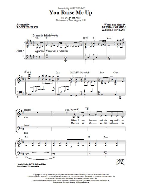 Josh Groban You Raise Me Up Arr Roger Emerson Sheet Music Notes Download Printable Pdf