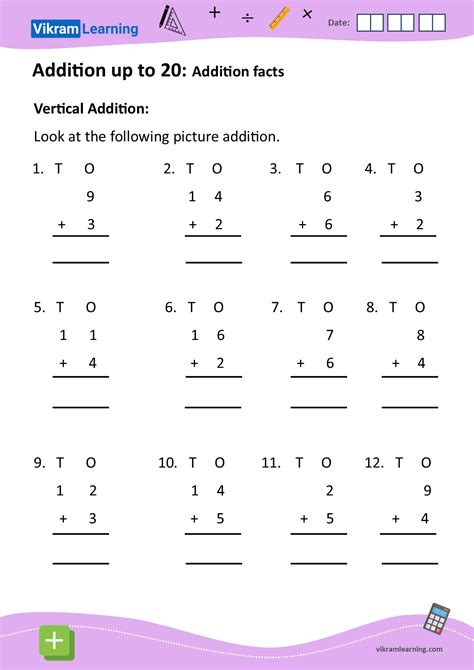 Download addition up to 20 using vertical addition worksheets