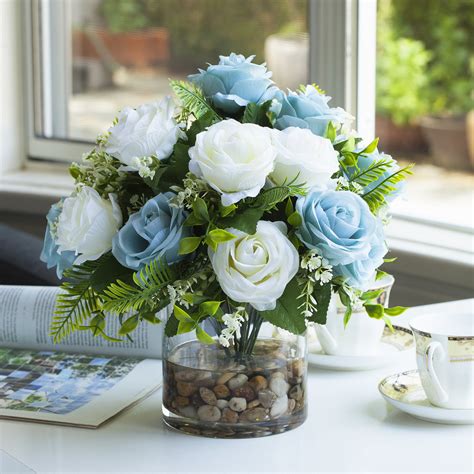 Enova Home Artificial Flowers 18 Heads Silk Blue Cream Roses Fake