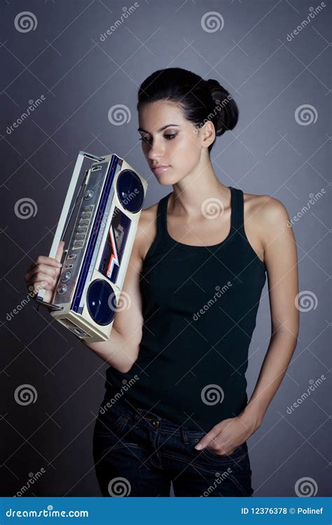 Woman With Retro Boom Box Stock Photo Image Of Retro 12376378