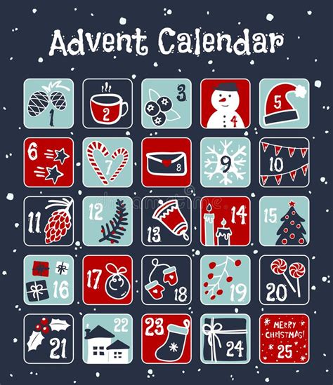 Christmas Advent Calendar With Cute Christmas Illustrations Stock