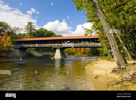 The Covered Bridge Over The Saco River In Conway New Hampshire Usa