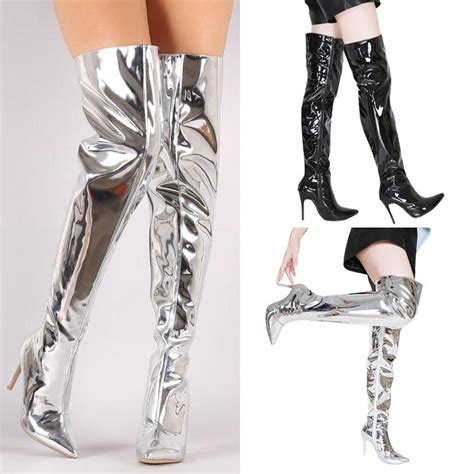 buy pointed sexy mirror bright women s knee boots fashion super high heel thin heel women s