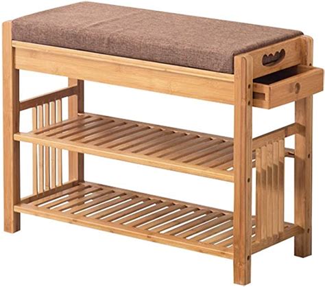 Qqxx Bamboo Shoe Bench With Drawer And Seat Cushion Small 2 Tier