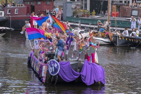 bi boat at the gaypride canal parade with boats at amsterdam the netherlands 6 8 2022bi boat at