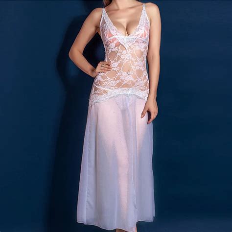 2018 Summer Sexy Sleepwear Women Lace Sheer V Neck Nightdress Babydoll