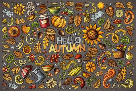 Set Of Autumn Theme Items Objects And Symbols Stock Vector
