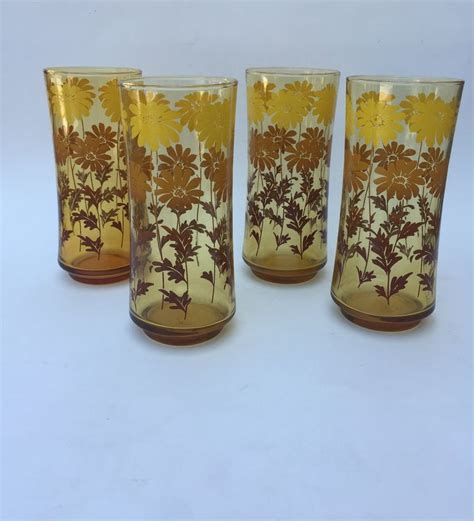 4 Vintage Libbey Amber Daisy Glasses Vintage Ice Tea Glasses Flower Glasses Set Of 4 Daisy