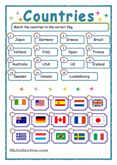 Match Up Countries And Flags Exercícios De Inglês Aulas De Inglês
