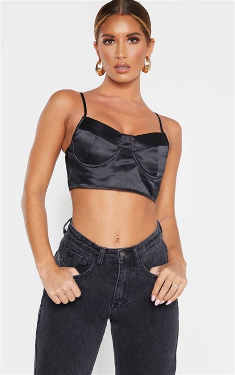 Black Satin Cup Strappy Bralet Tops Prettylittlething