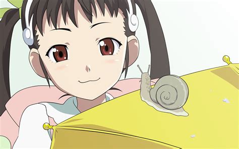 Black Haired Female Anime Character Beside Gray Snail Hd Wallpaper