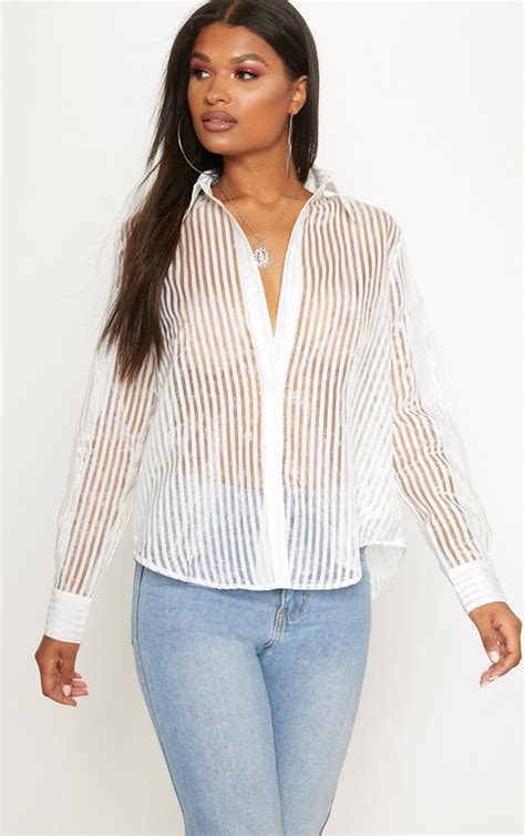 White Stripe Sheer Oversized Shirt Tops Prettylittlething