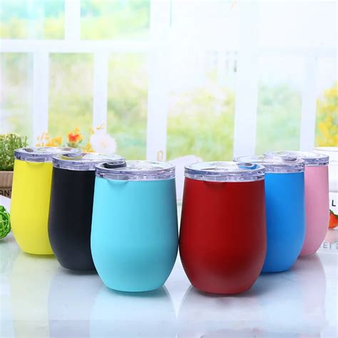12 oz stainless steel stemless wine glass tumbler with lid double wall vacuum insulated travel