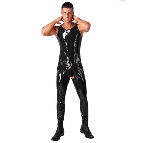 Mens One Piece Wet Look Patent Leather Bodysuit Sleeveless Leotard Jumpsuit Ebay