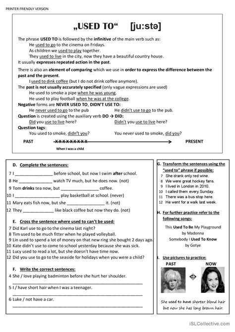 Past Habit Used To Grammar Guide English Esl Worksheets Pdf And Doc
