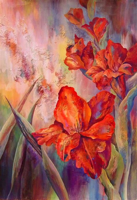 A Painting Of Red Flowers On A Purple Background