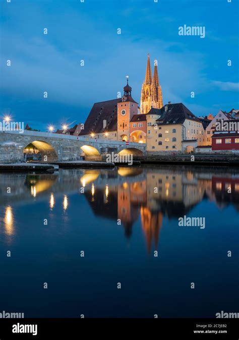 Regensburg Old Town Dusk Cathedral Bridge Tower Stone Bridge