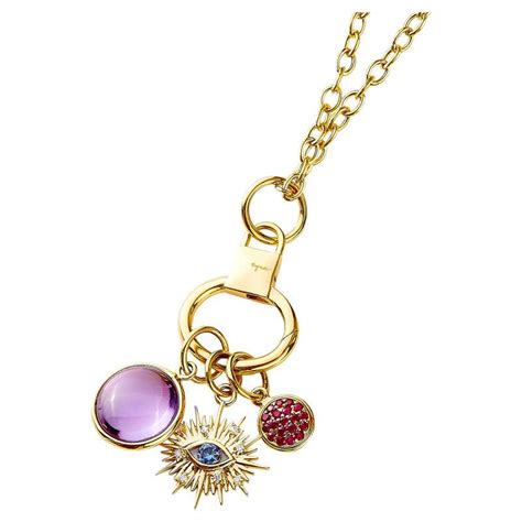 Syna Yellow Gold Three Charms Evil Eye Necklace With Gemstones And