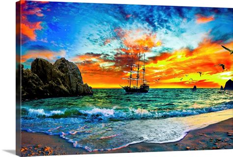 Pirate Ship Sailing Into Sunset Pirate Ship Wall Art Canvas Prints