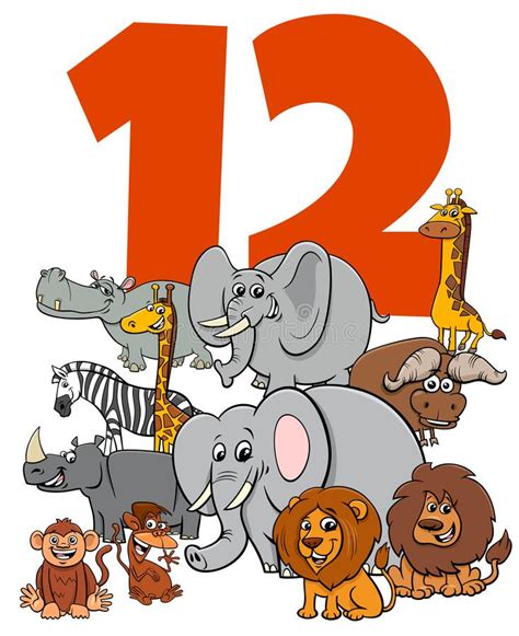 Number Twelve For Kids With Cartoon Animals Group Stock Vector