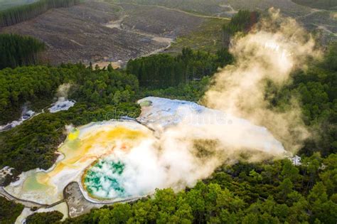 Geothermal Landscape With Hot Boiling Mud And Sulphur Springs Due To