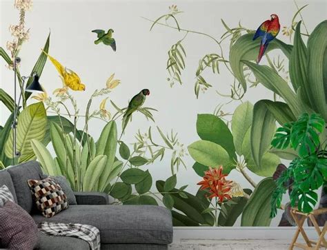 Hand Painted Tropical Plants Wallpaper Wall Mural Green Etsy