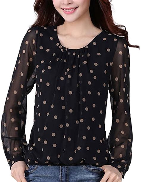 women chiffon tops long sleeve pleated polka dot pullover blouses shirts tops plus size l