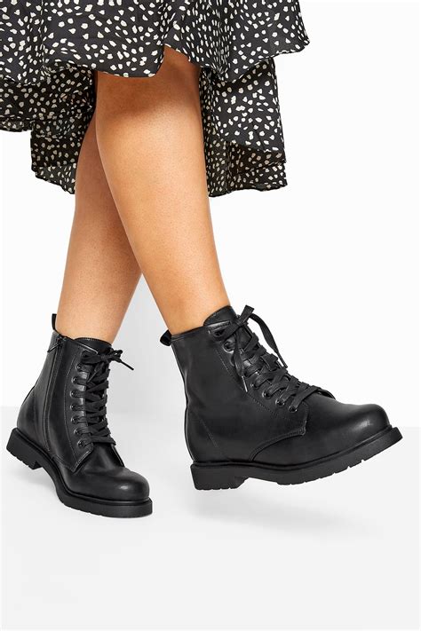 Black Vegan Faux Leather Lace Up Ankle Boots In Extra Wide Fit Long