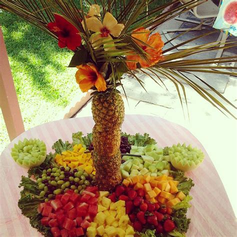 My Pineapple Palm Tree Fruit Display Added Hibiscus Flowers Made This