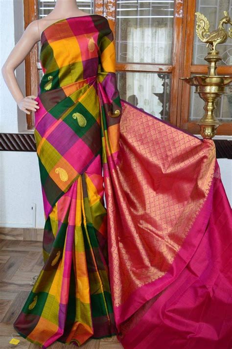 Multi Colour Checks Pure Silk Pure Zari Kanchivaram Silk Saree Code Cost 13200 Inr Mail