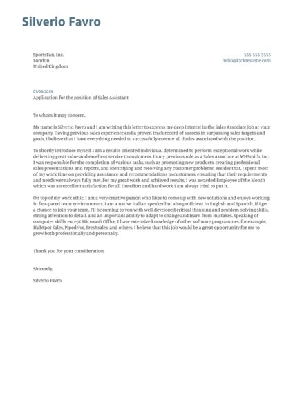 Use this cover letter sample as a template to boost your fashion internship application. Sales Assistant Cover Letter Sample | Kickresume