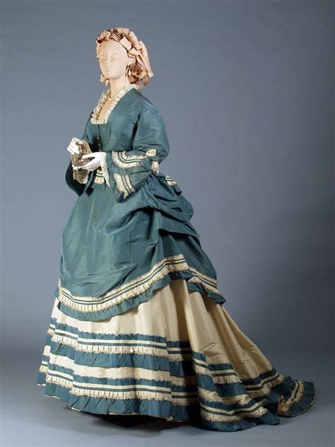 1870 Probably America Blue And White Silk Taffeta Dress Antique