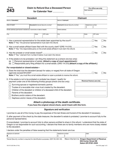 Oregon Form 243 2020 2021 Fill And Sign Printable Template Online