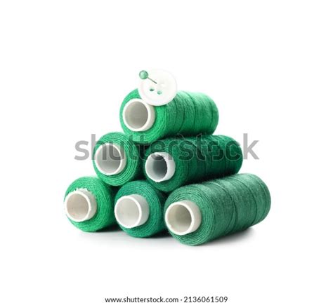 Green Sewing Threads On White Background Stock Photo 2136061509