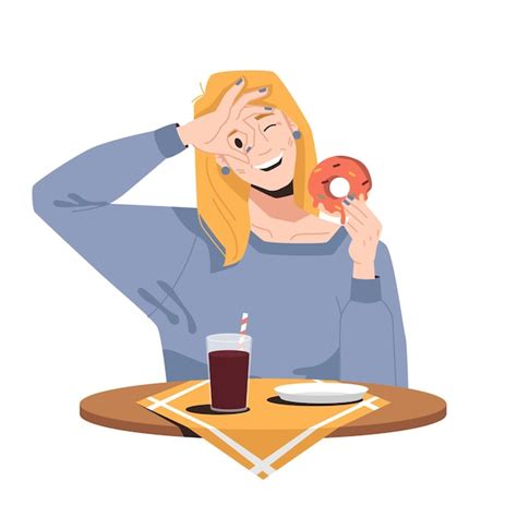 Premium Vector Smiling Blonde Woman Eating Donut And Drinking Soda Isolated Girl In Cafe Or