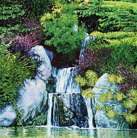 Waterfall At Japanese Garden Painting By John Lautermilch Fine Art