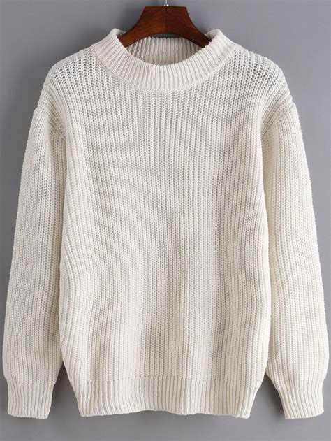 White Round Neck Long Sleeve Loose Sweater Sheinsheinside