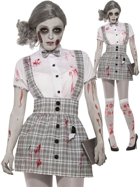 Ladies Zombie School Girl Costume Womens Halloween Fancy Dress Outfit