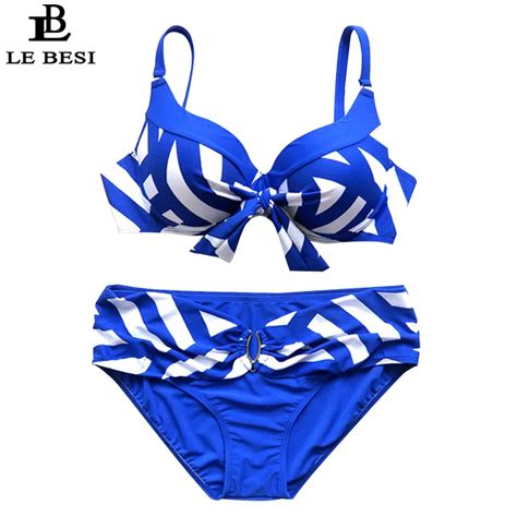 Lebesi 2017 Summer New Striped Swimwear Big Plus Size Bikini Defg Cup