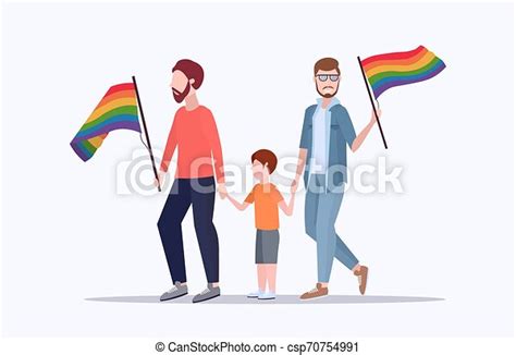Two Young Fathers Gays With Son Holding Rainbow Flags Gay Same Couple
