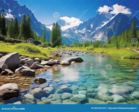 A Tranquil Valley Nestled Between Towering Mountain Peaks A Pristine