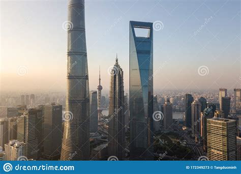 Three Tallest Building In Shanghai Drone View At Sunset Editorial Stock