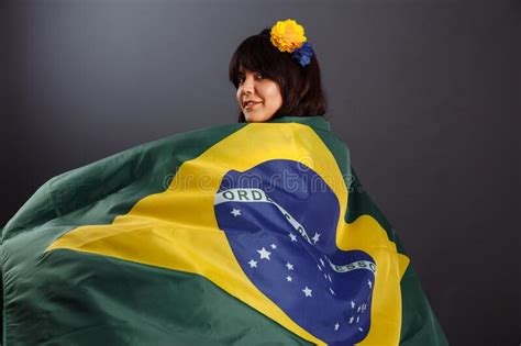 Beautiful Brazilian Young Woman With Happy Smiling Woman Wearing Brazil Football Top Stock Image