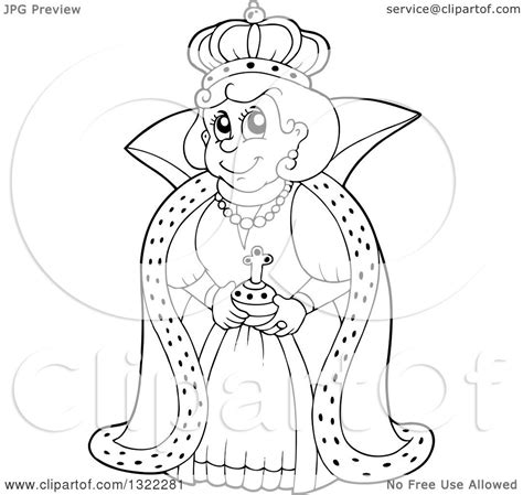 Lineart Clipart Of A Black And White Happy Queen In A Robe Royalty