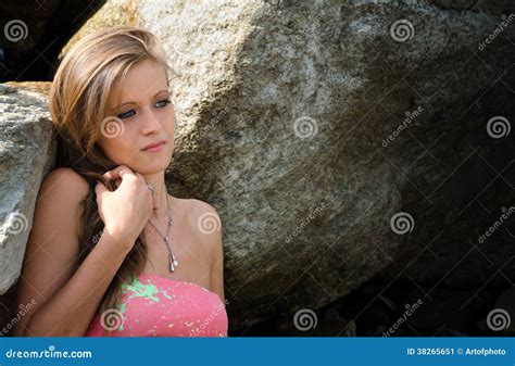 Pretty Blue Eyed Brunette Girl In Bikini Against Rocks Stock Image Image Of Person Body