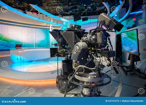 Tv News Cast Studio With Camera And Lights Stock Image Image Of Glass
