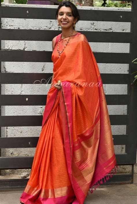 orange kanchipuram silk saree stylish sarees elegant saree silk sarees