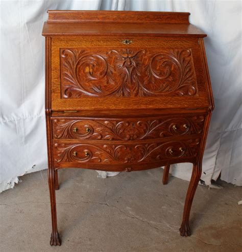 Bargain Johns Antiques Antique Oak Ladies Secretary Desk With Carved