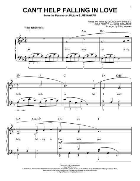 Cant Help Falling In Love Sheet Music Phillip Keveren Easy Piano