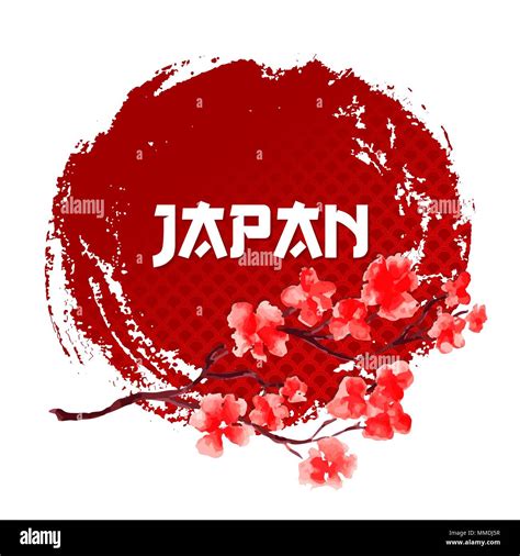 Sakura On Red Sun Background Japan Red Circle Sign Template Isolated